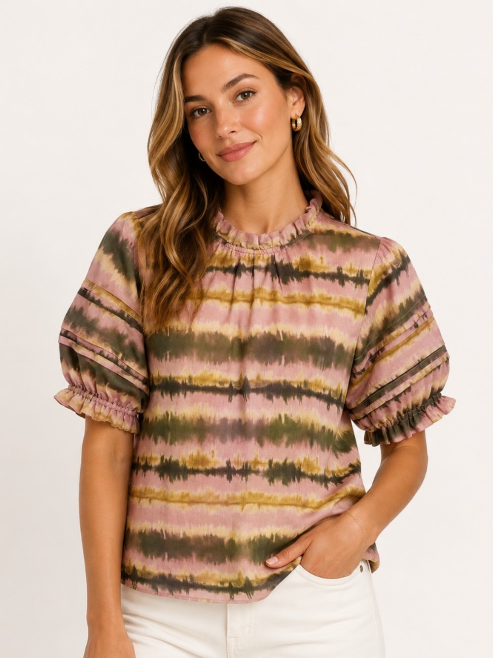 THML Romy Puff Sleeve Tie Dye Top in pink and green multi